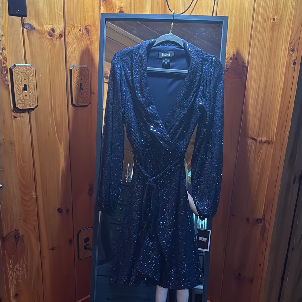 DKNY Navy Sequin Long Sleeve Evening Dress